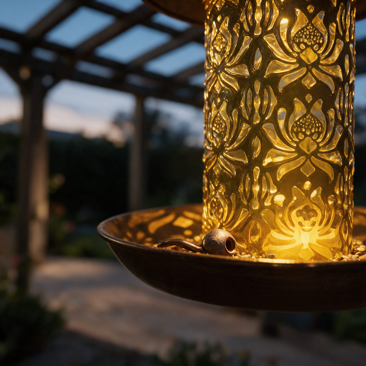 Close-up of the seed tray and perch beneath the glowing embossed glass.