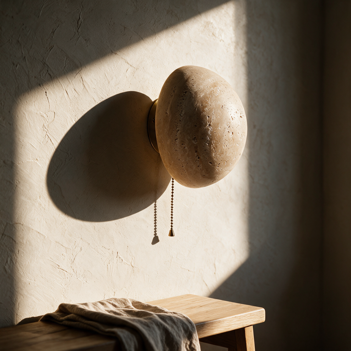 Unlit travertine disc on a textured plaster wall with raking afternoon sun revealing the stone's pitting.