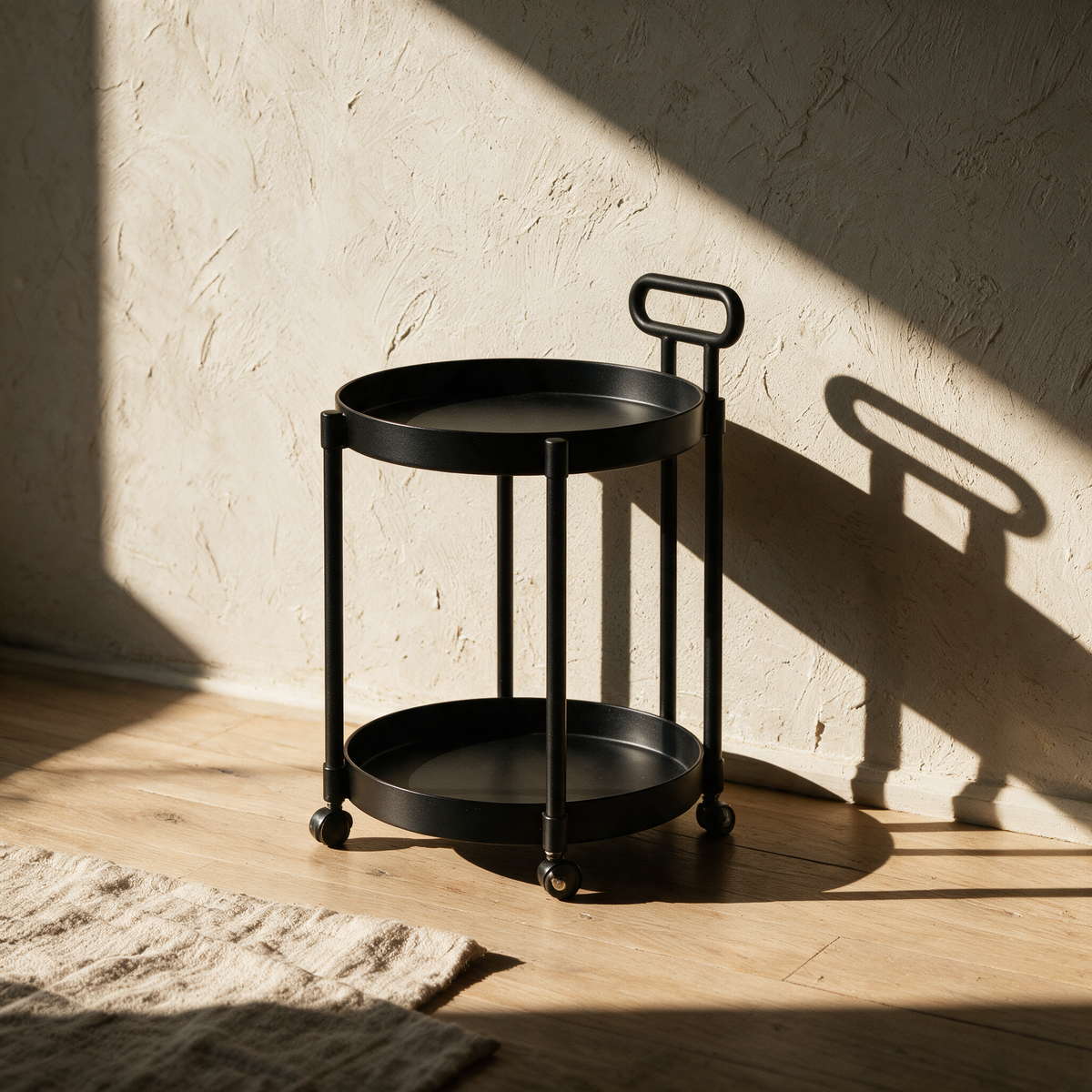 Empty black two-tier trolley table on an oak floor in raking afternoon light.
