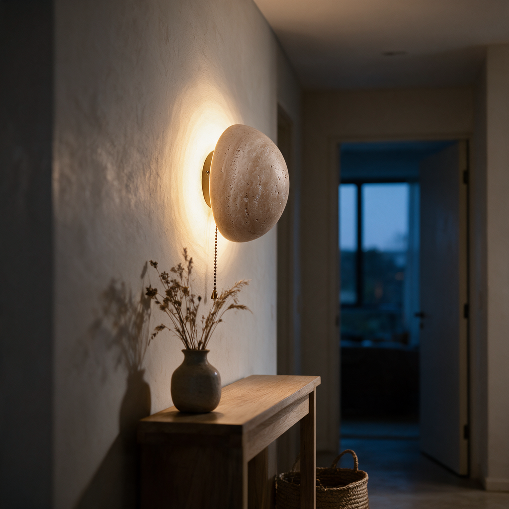 Side profile along a hallway wall showing the shallow depth of the lit disc and its soft halo.
