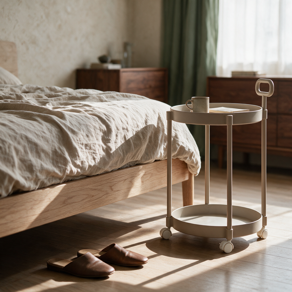 Low view of the rolling table pulled up beside a bed in morning light.