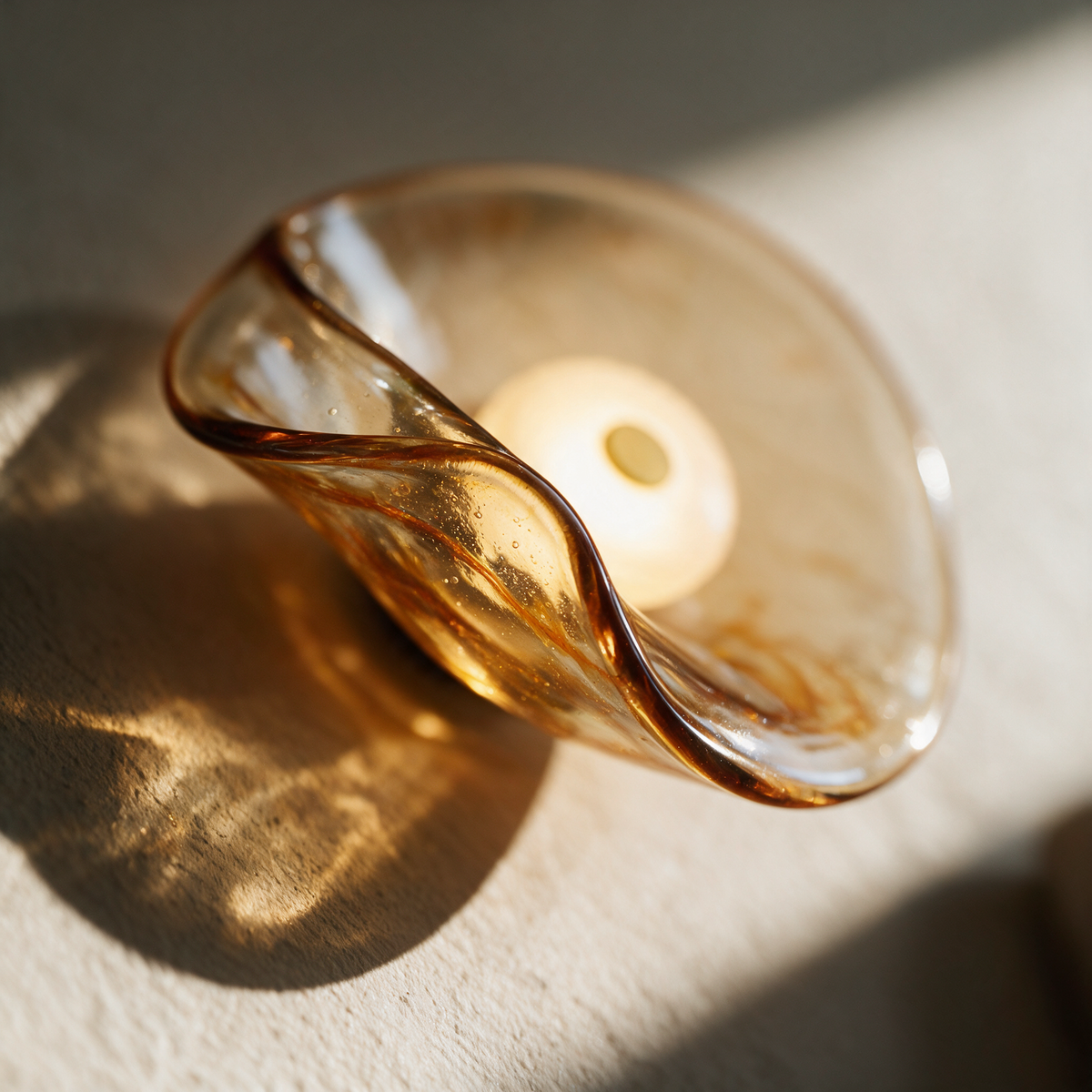 Macro close-up of the rippled fold in the amber glass with bubbles and streaks in the material.