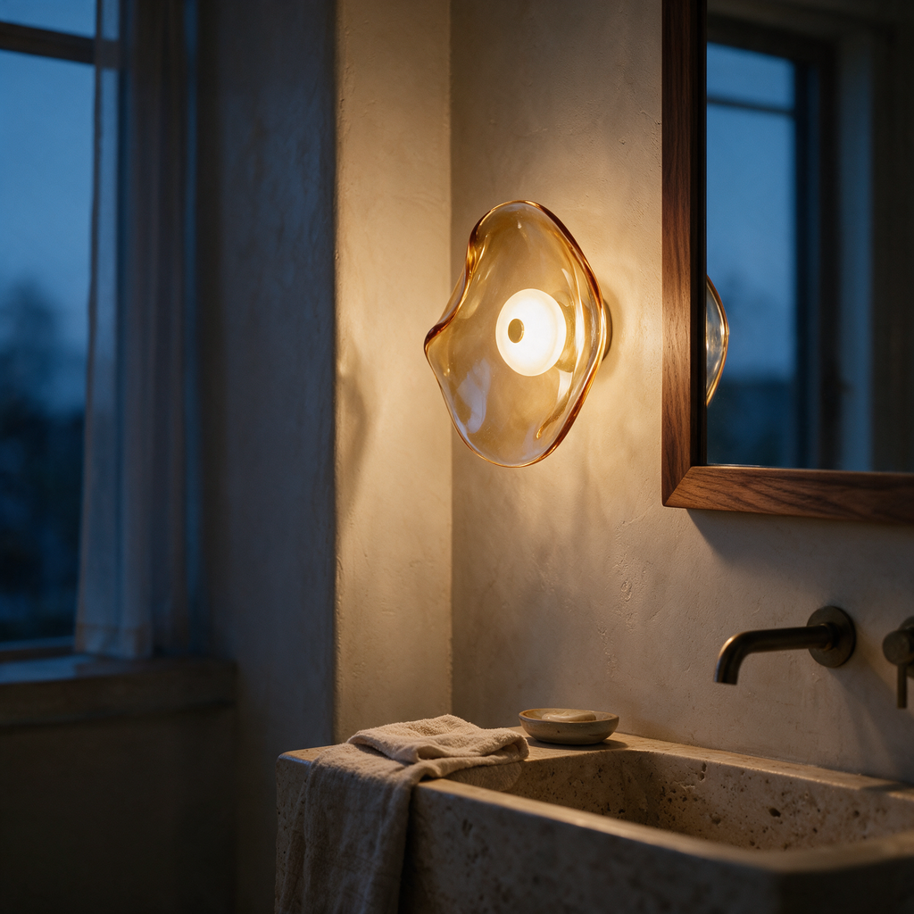 Side profile of the lit glass sconce beside a mirror above a stone basin at dusk.