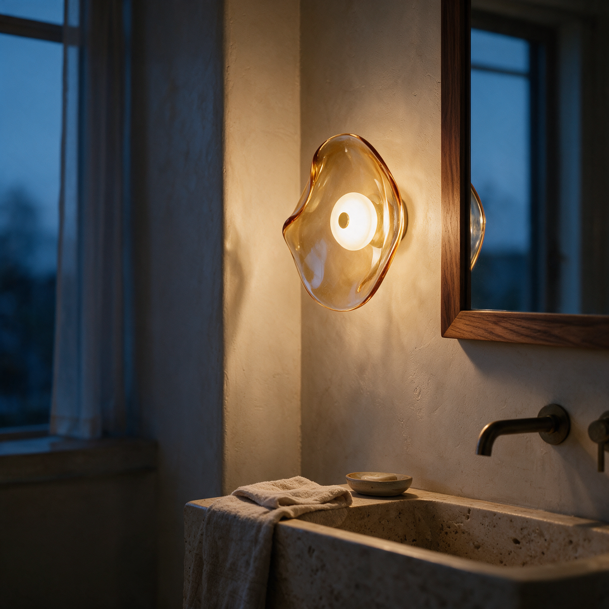 Side profile of the lit glass sconce beside a mirror above a stone basin at dusk.