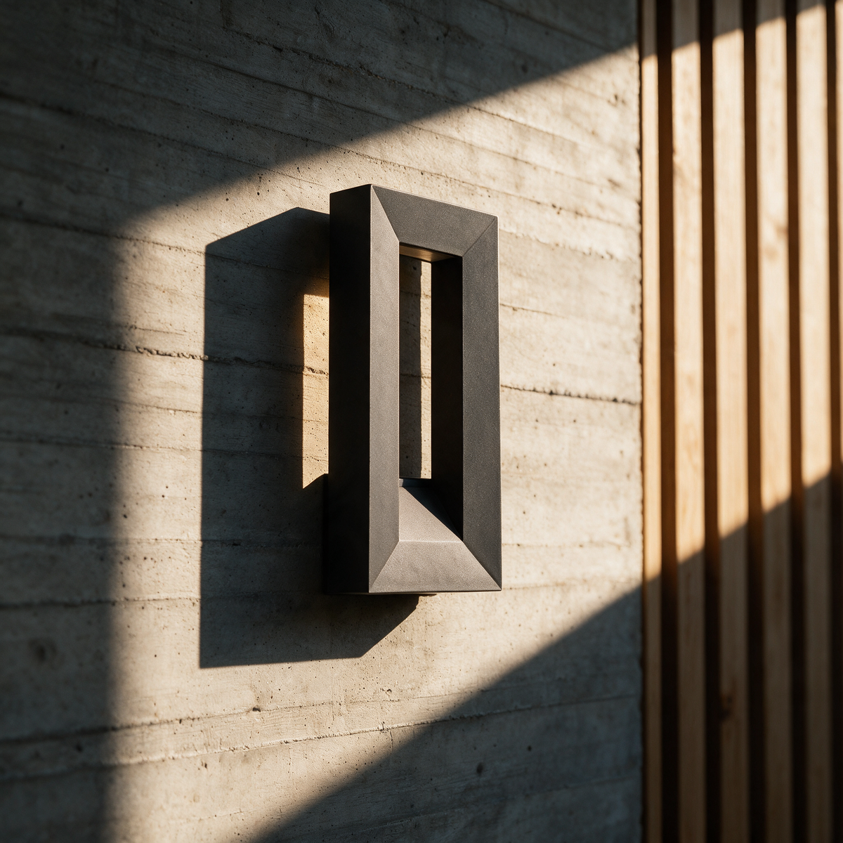 Unlit rectangular frame light on a concrete wall with sunlight passing through its hollow slot.