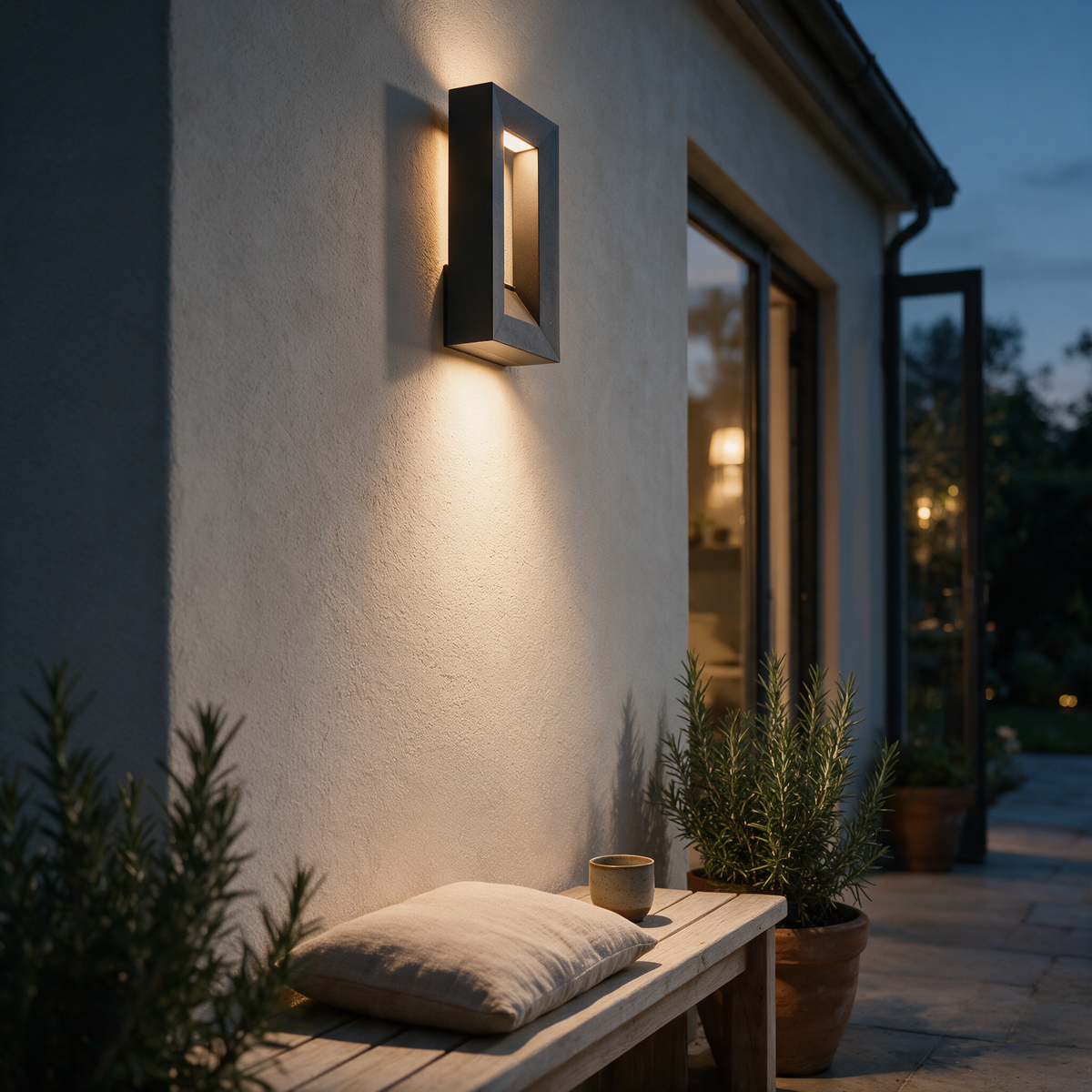 Side profile along a rendered terrace wall showing the depth of the lit frame at dusk.