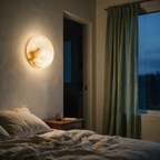 Backlit veined stone disc sconce glowing like a small moon above a bedside table at dusk.