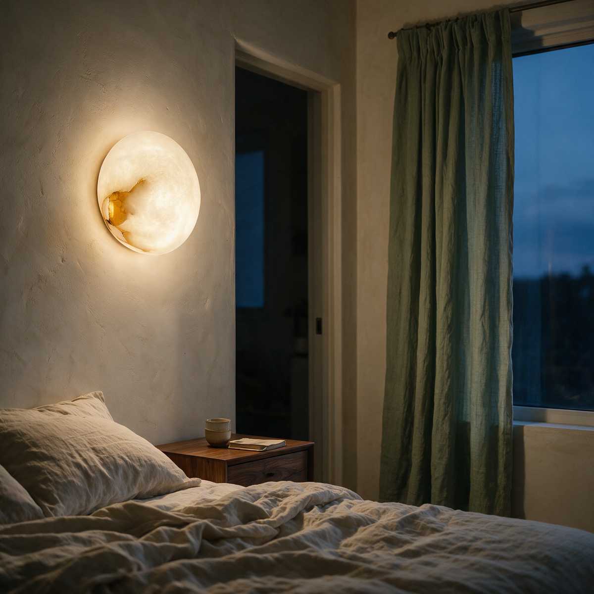 Backlit veined stone disc sconce glowing like a small moon above a bedside table at dusk.