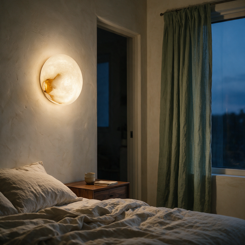 Backlit veined stone disc sconce glowing like a small moon above a bedside table at dusk.