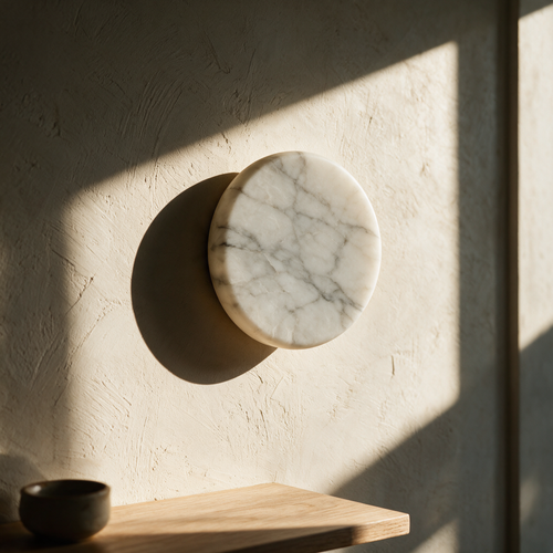 Unlit veined stone disc flush to a plaster wall with raking afternoon sun showing its grey veining.
