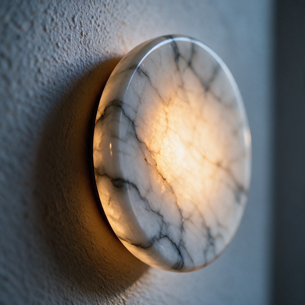 Macro close-up of dark veins across the glowing translucent stone face near its polished rim.