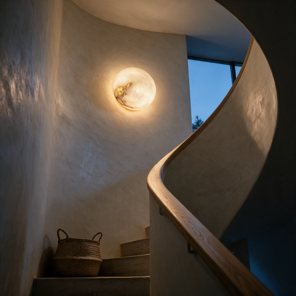 Looking up a stairwell at the glowing stone sconce washing light onto the plaster wall.