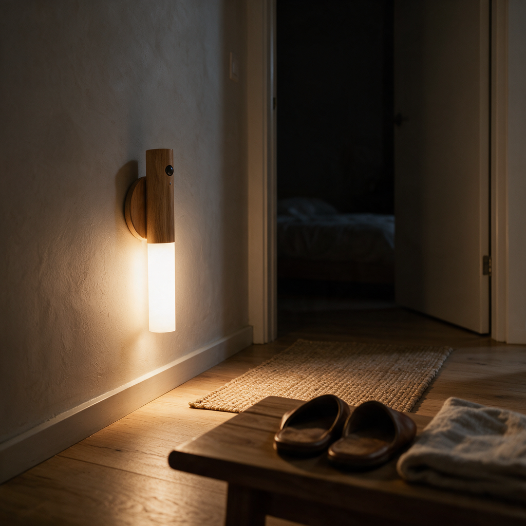 Small cordless timber and opal wall light casting a warm pool in a dark hallway at night.