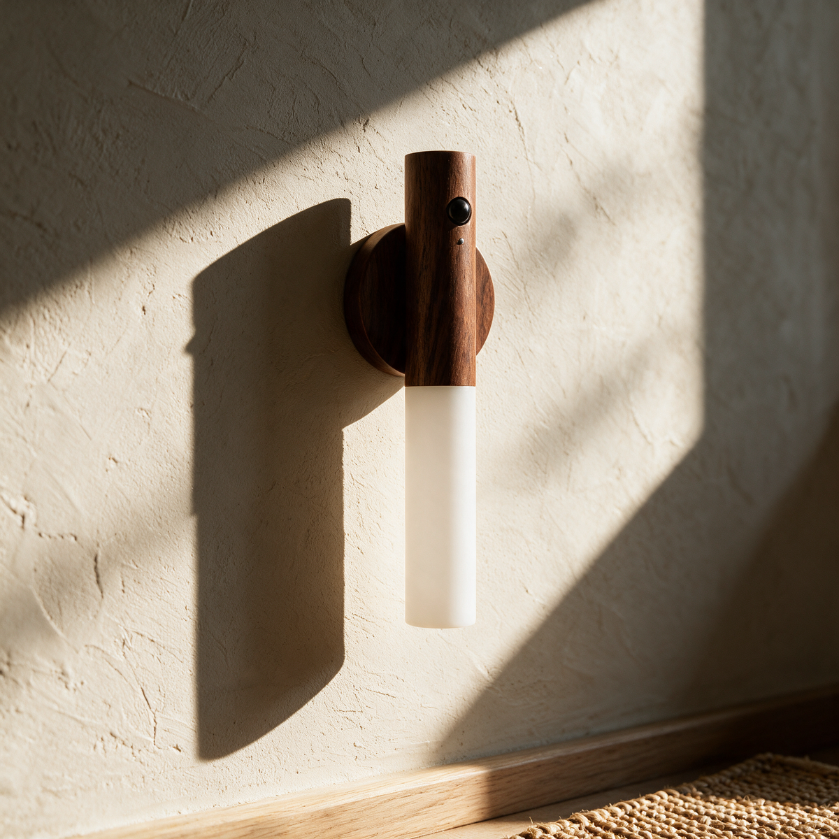 Unlit walnut and opal wall light on a textured plaster wall in raking afternoon sun.