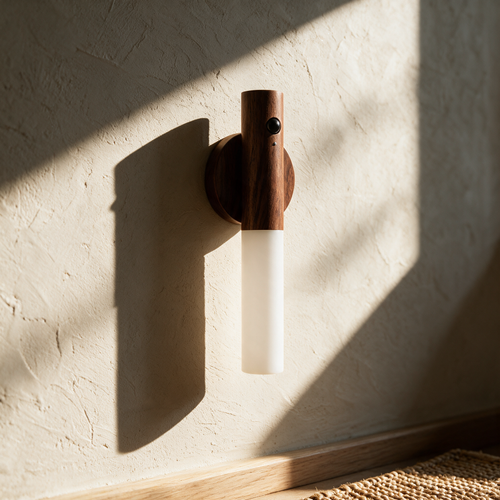 Unlit walnut and opal wall light on a textured plaster wall in raking afternoon sun.