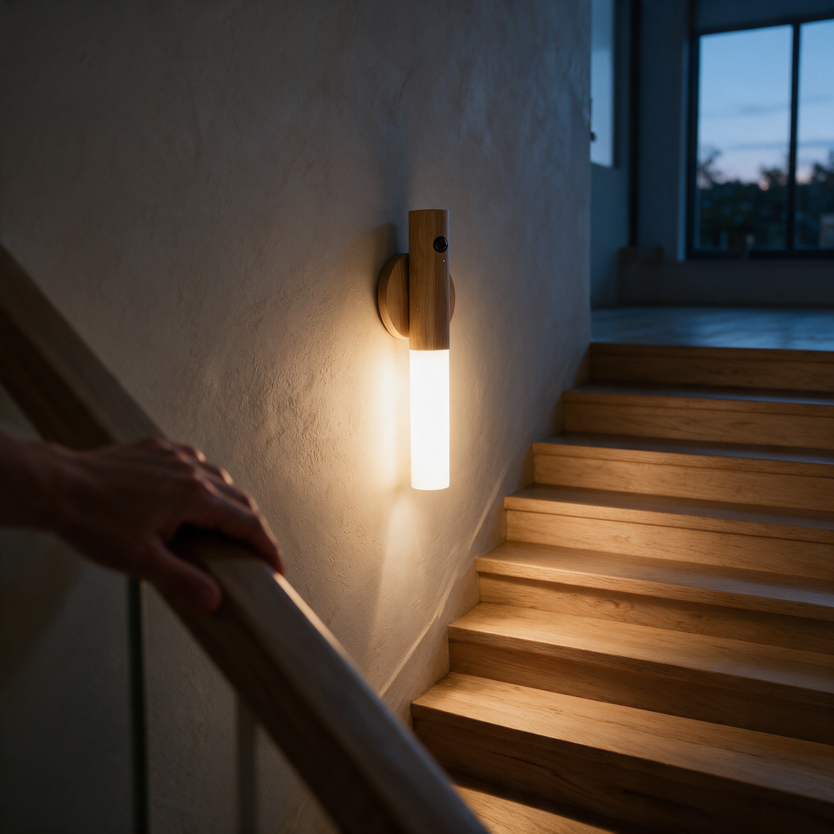 Side profile of the lit wall light on a staircase wall catching the edge of the timber treads.