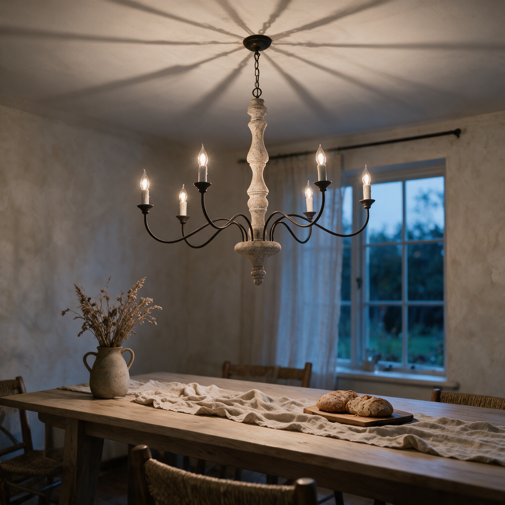 A wood and iron candle chandelier lit above a farmhouse dining table at dusk.