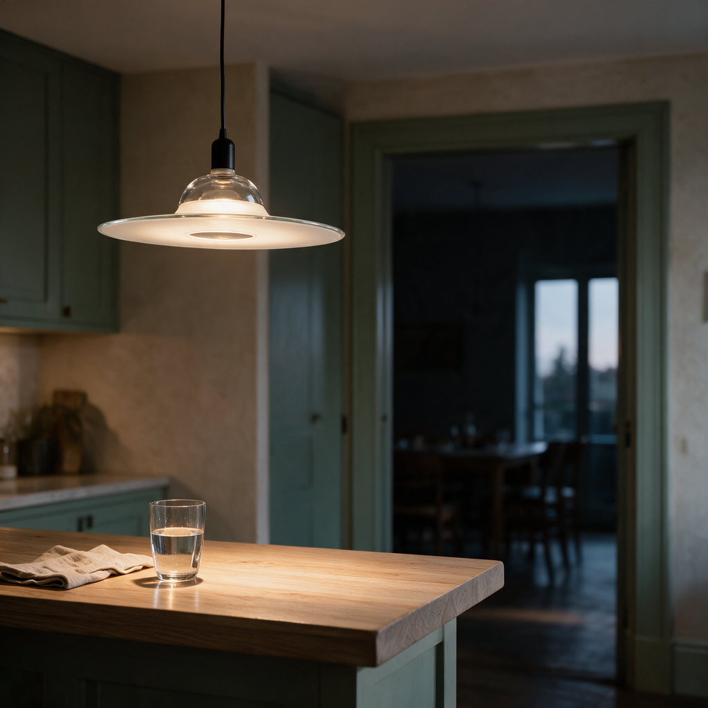A clear glass disc pendant light seen in profile above a timber kitchen bar.