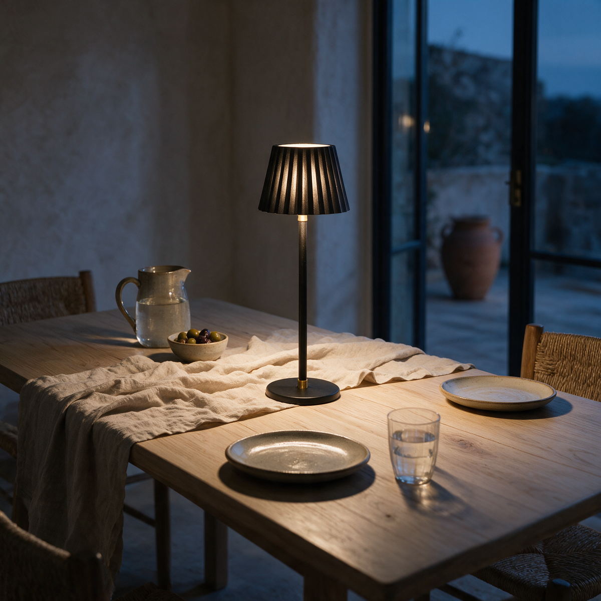 A cordless table lamp with a fluted shade and round black base lit on a dining table at dusk.