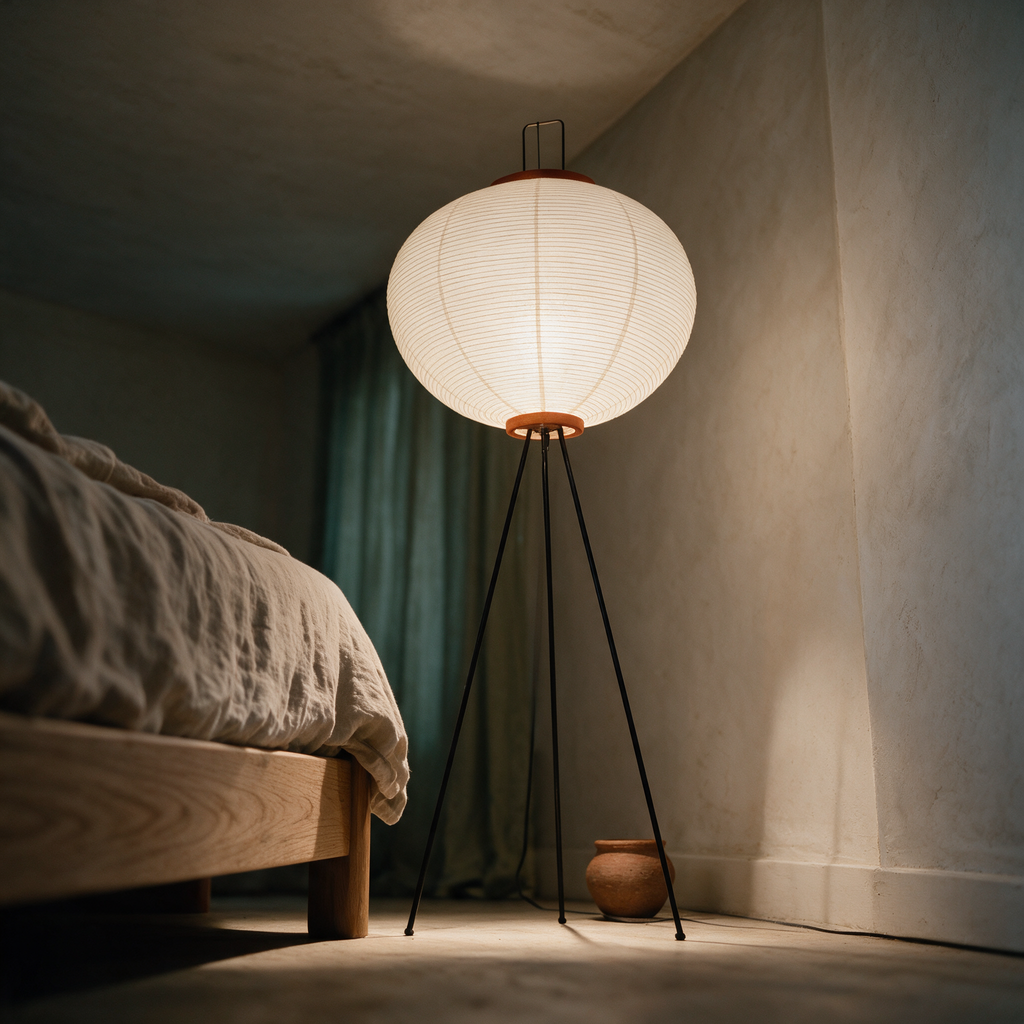 A lit rice paper globe tripod floor lamp standing in a bedroom corner beside a timber bed.