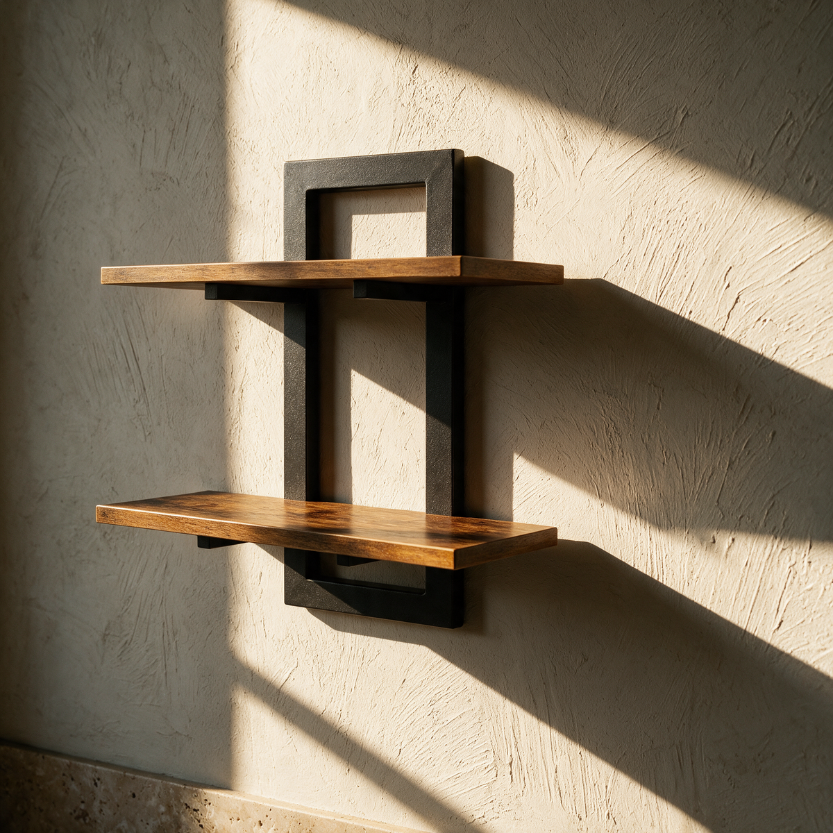 A two-tier set of timber and black metal wall shelves on a textured plaster wall in raking sunlight.