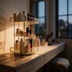 A tiered glass and gold rotating vanity organiser in profile on a dressing table at dusk.