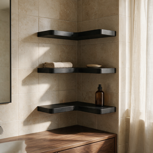 The black Cairn set wrapping a tiled bathroom corner above a timber vanity