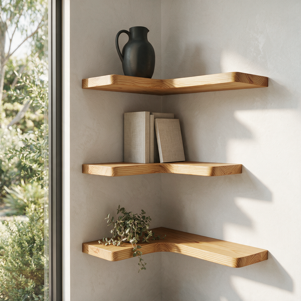Three Cairn L-shaped shelves staggered up an internal corner in natural pine
