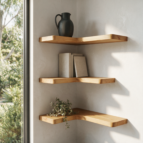 Three Cairn L-shaped shelves staggered up an internal corner in natural pine