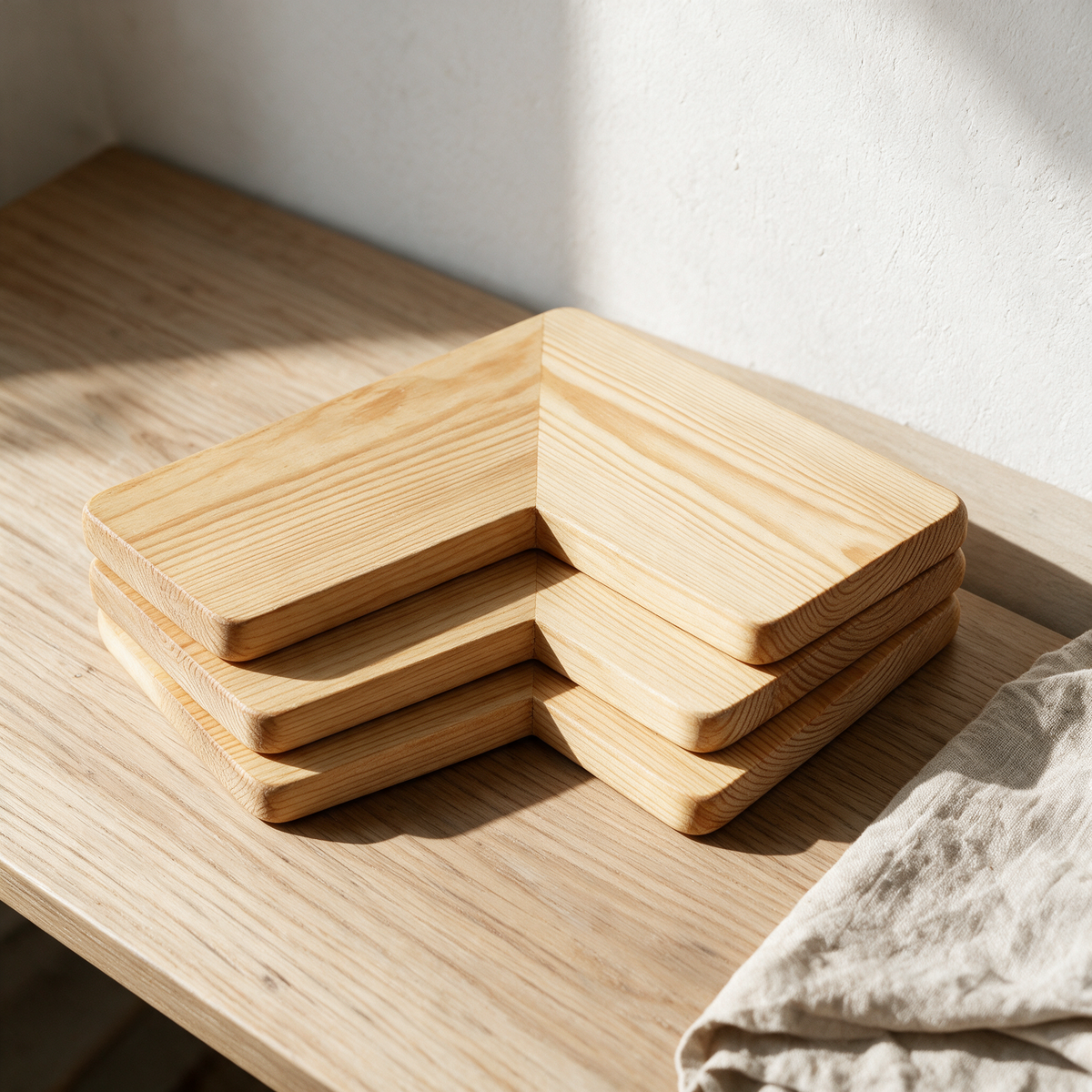 The three shelves stacked flat showing the right-angled L profile