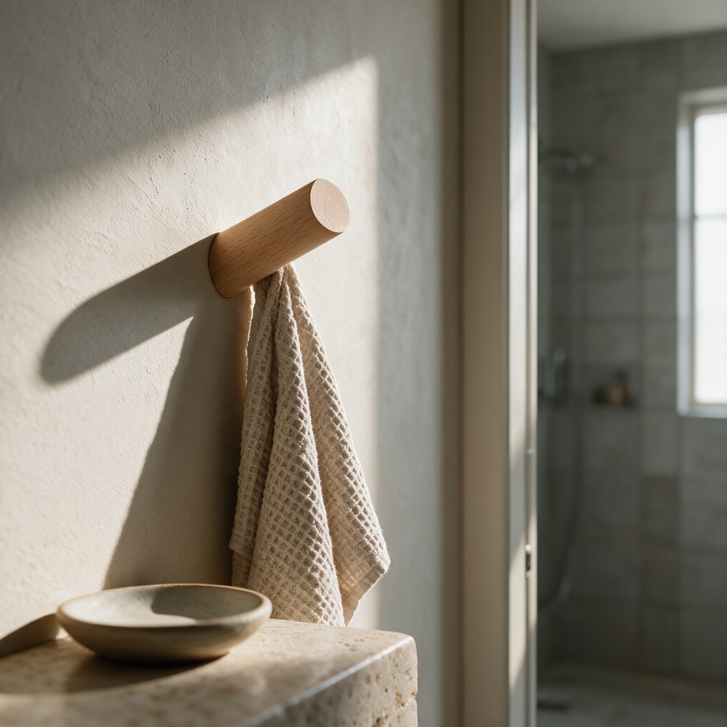 A single pale beech wall peg in a bathroom holding a waffle hand towel, the angled cut face catching the light