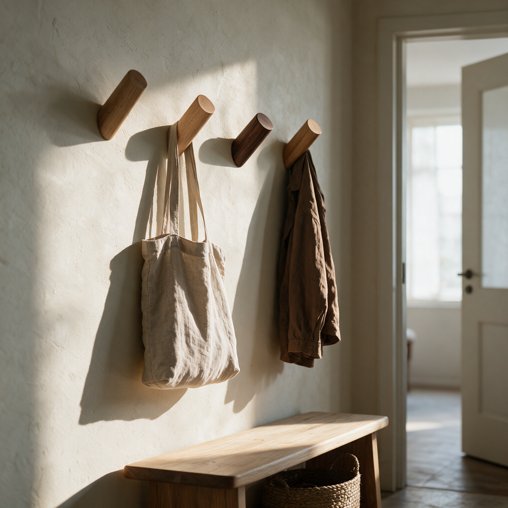 Four timber wall pegs in mixed wood tones fixed in a row along a plaster entryway wall, holding a linen tote and a jacket