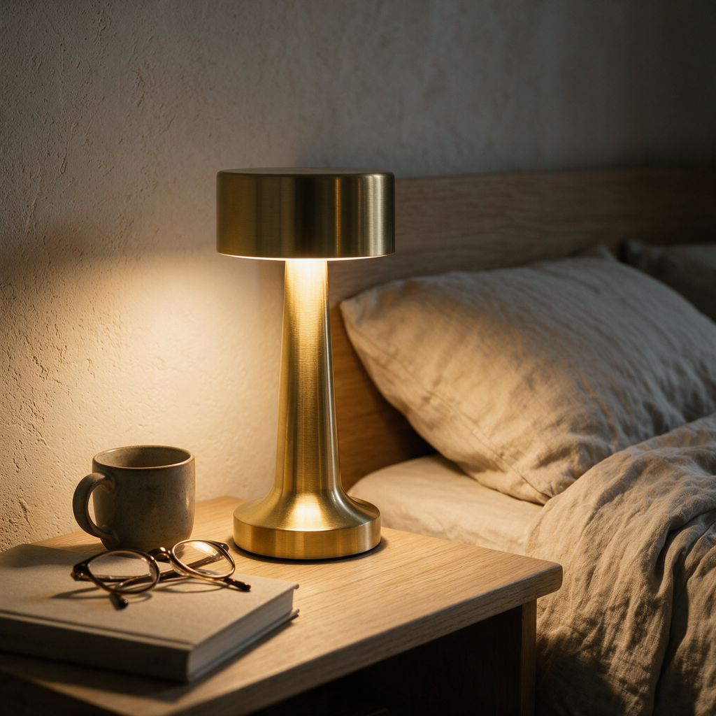 Compact cordless brass table lamp with a smooth cylindrical head lit on a bedside table