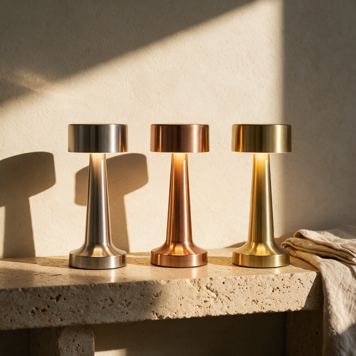 Three compact cordless table lamps in silver copper and brass on a travertine ledge