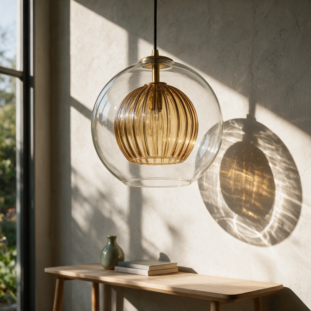 Clear glass globe pendant with a ribbed amber inner shade hanging beside a sunlit plaster wall