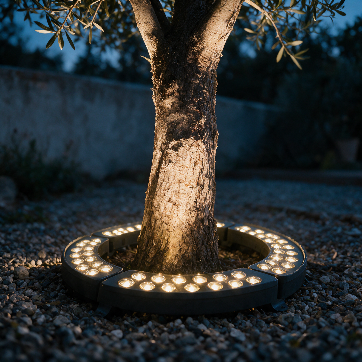 Modular black ring uplight with many upward facing LED lenses encircling a tree trunk at dusk