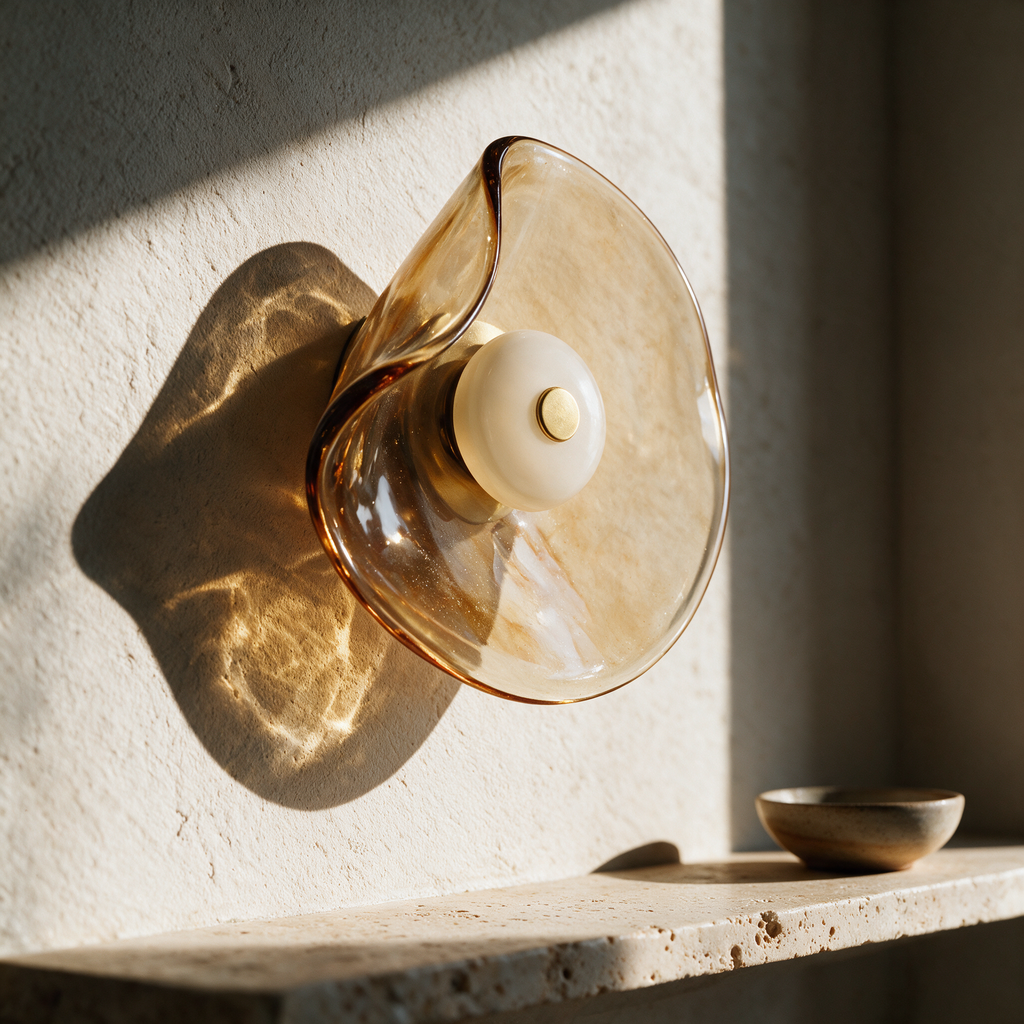 Unlit amber art glass wall light with a smooth round centre puck on a sunlit plaster wall