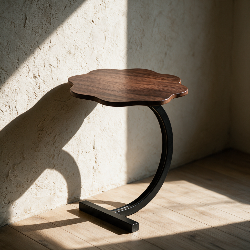 Scalloped dark wood C shaped side table on a curved black steel base against a plaster wall