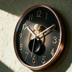Close up of a rose gold rimmed wall clock with gold numerals and a two sphere centre motif