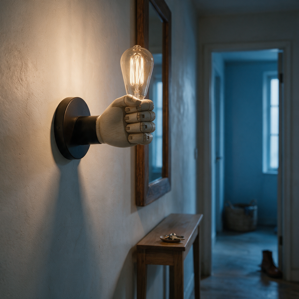 Resin fist wall sconce on a black round wall plate holding a lit Edison bulb in a hallway