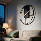 Single ring black metal wall clock above a linen sofa in a living room at dusk