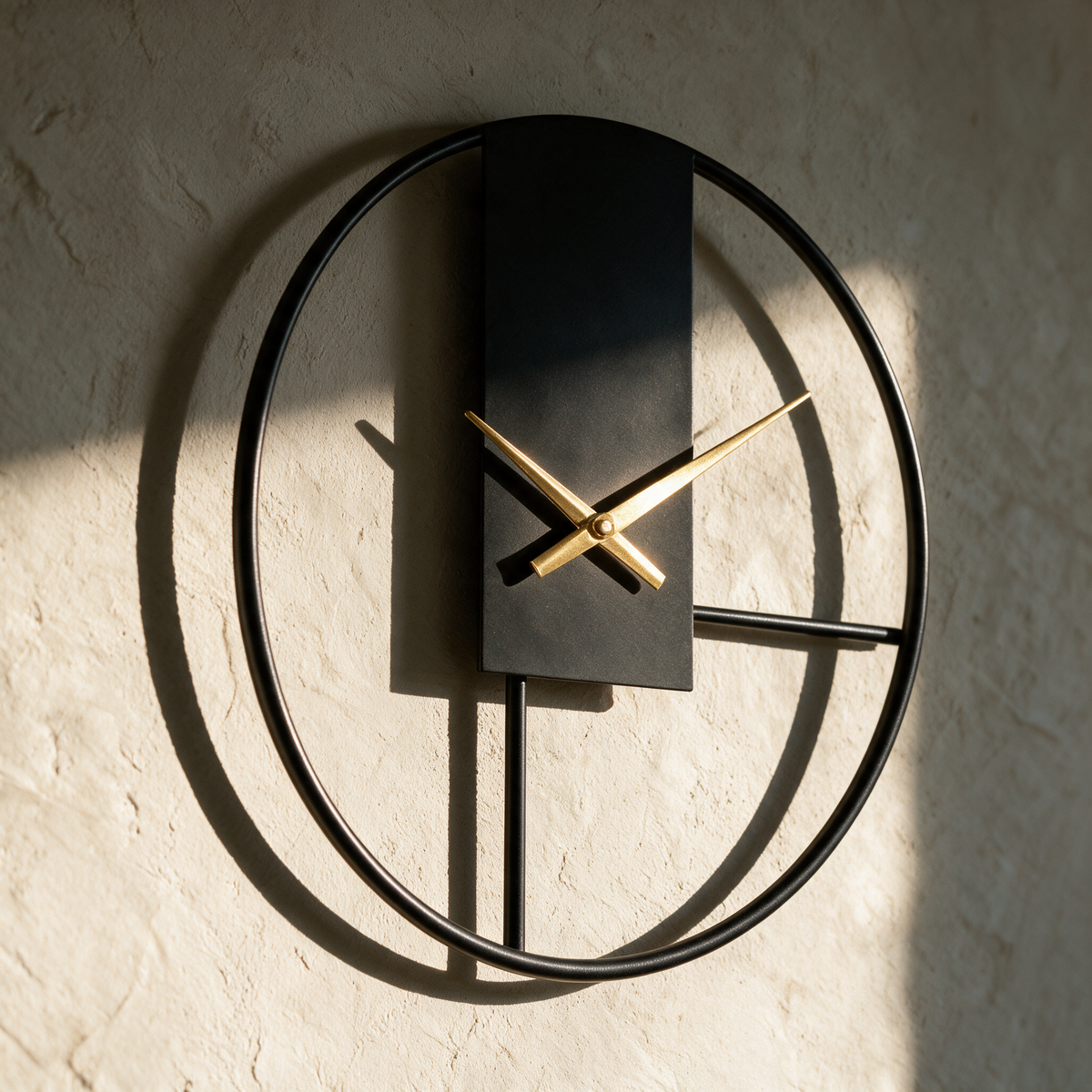 Single ring black metal wall clock with gold hands on a sunlit textured plaster wall
