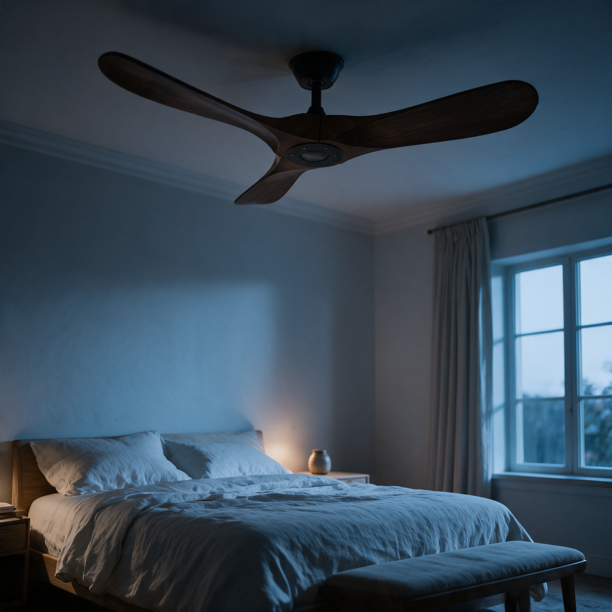 Walnut ceiling fan above a linen dressed bed in a bedroom at dusk