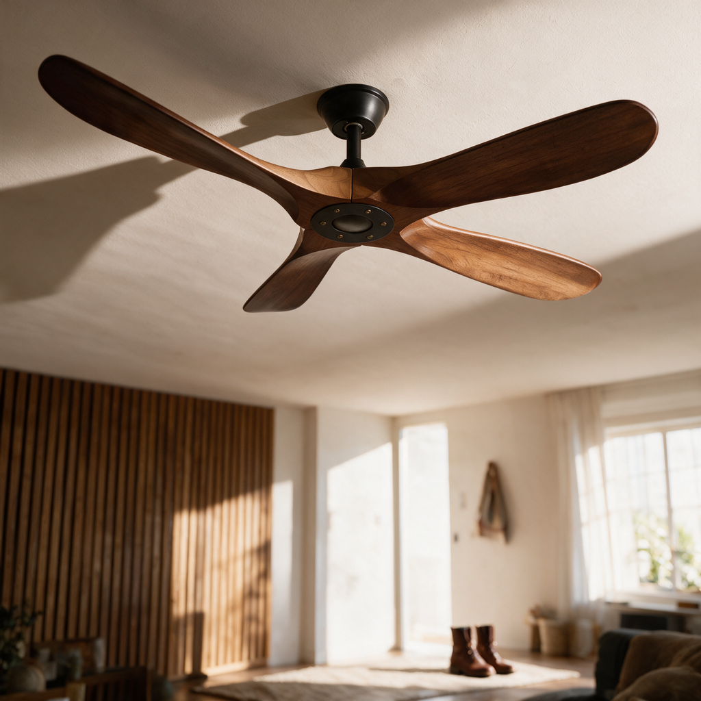 Walnut three blade ceiling fan on a cream ceiling in a living room with a slatted timber wall