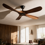 Walnut three blade ceiling fan on a cream ceiling in a living room with a slatted timber wall