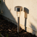 Stainless steel solar path light with a clear ribbed diffuser standing in a bark bed beside a sunlit rendered wall
