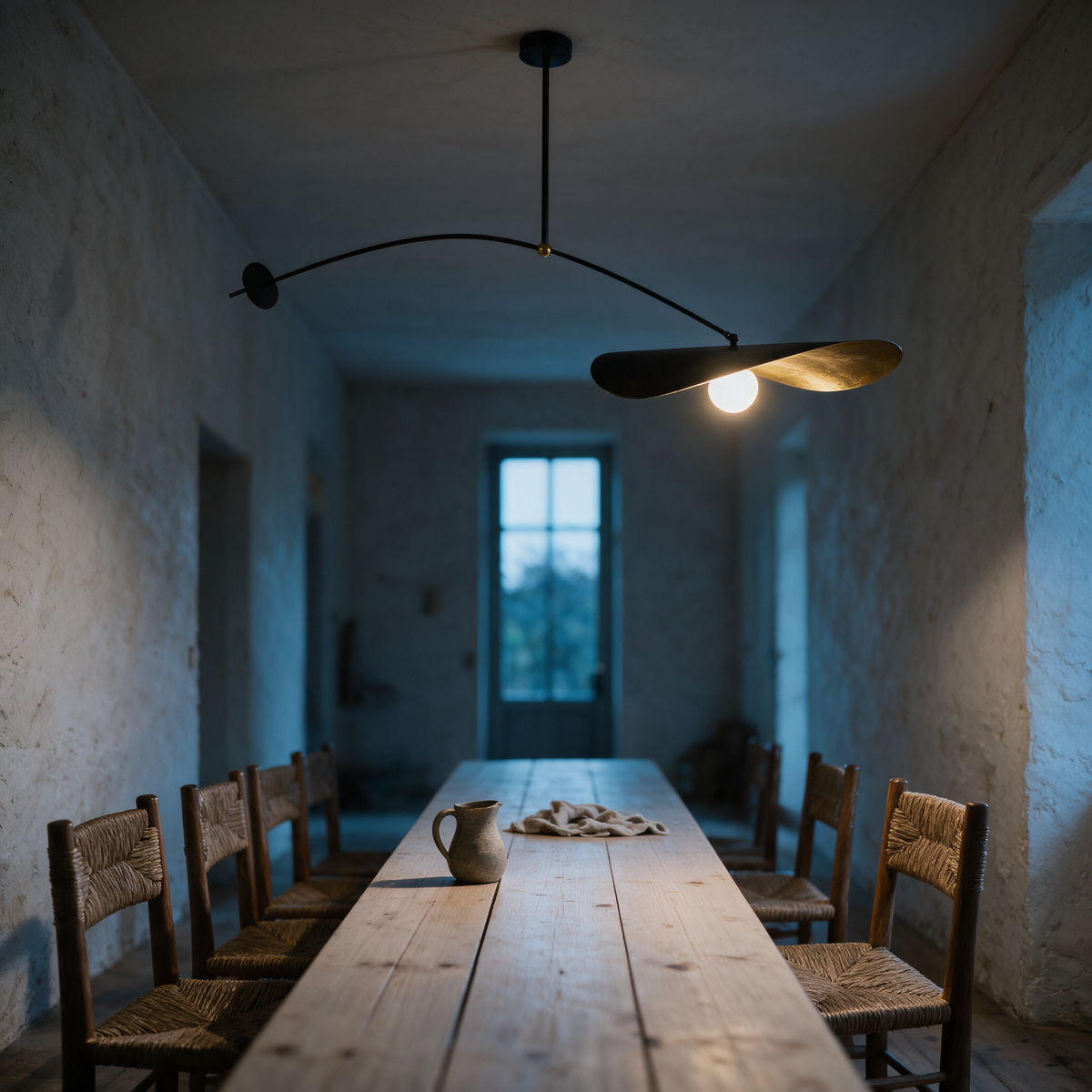 Mobile pendant light seen down the length of a long timber table in a whitewashed room