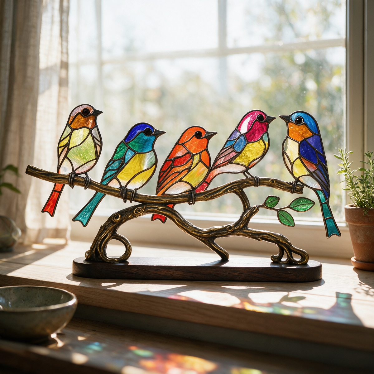 Five stained glass style birds on a cast brass branch ornament on a sunlit windowsill