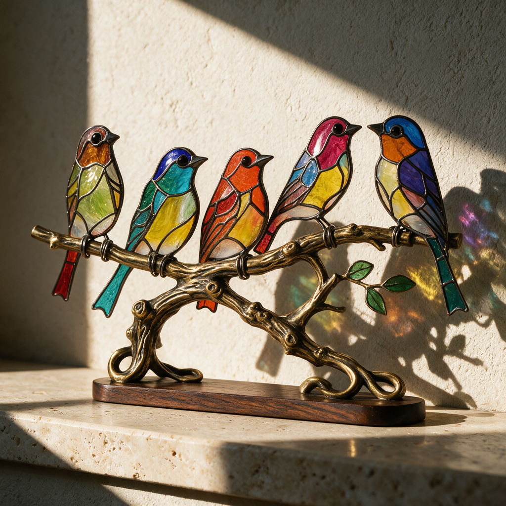 Five coloured glass birds on a brass branch casting a coloured shadow on a plaster wall