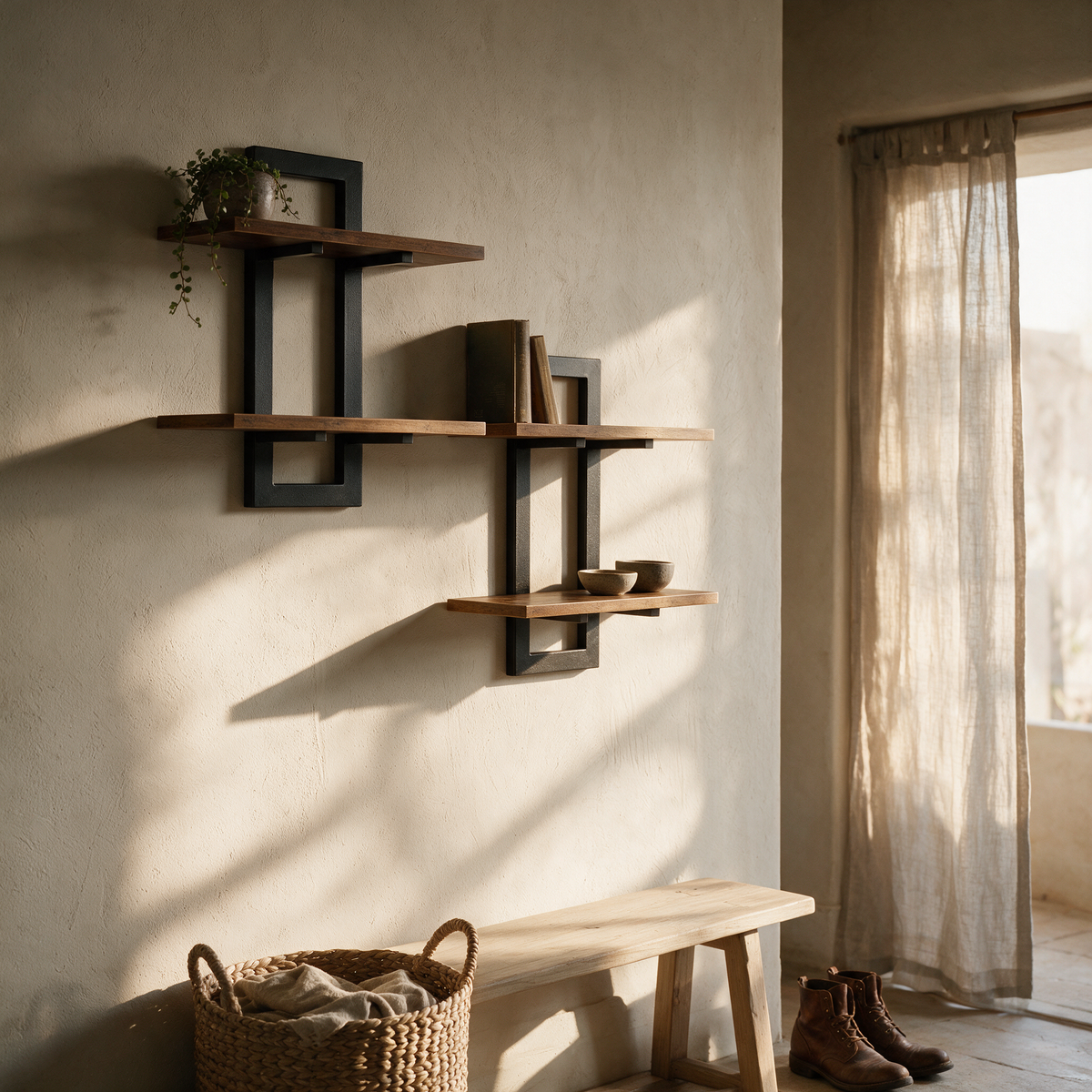Pair of two tier black metal frame timber wall shelves hung staggered in a sunlit entry hall